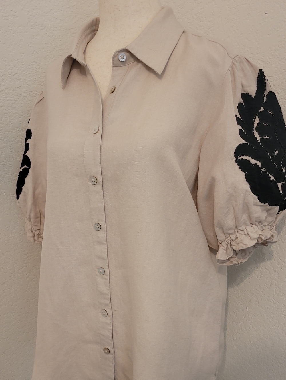 Chico's Cream Button-Front Puff Sleeve Shirt with Black Embroidery
